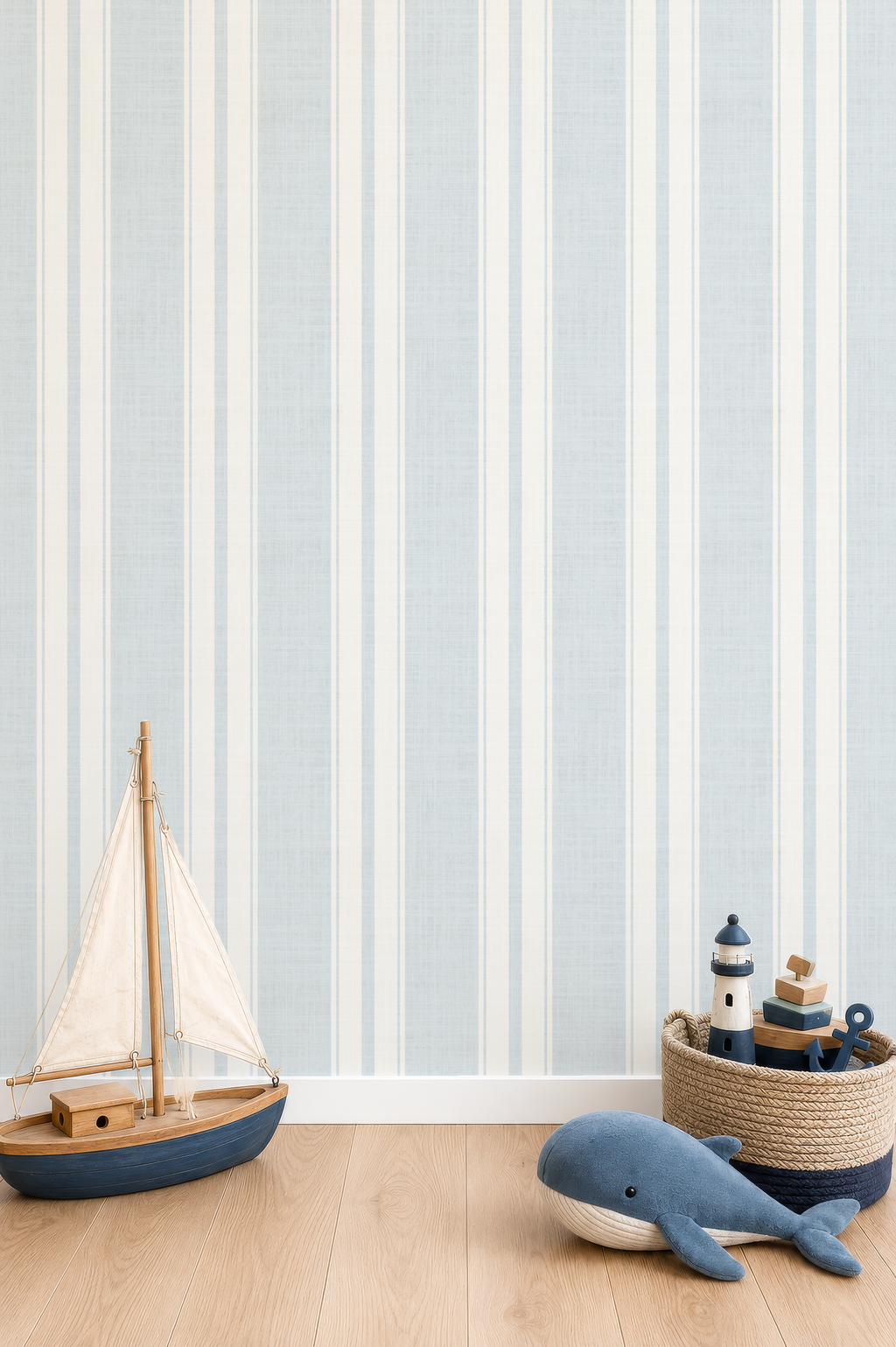 Blue French ticking striped wallpaper