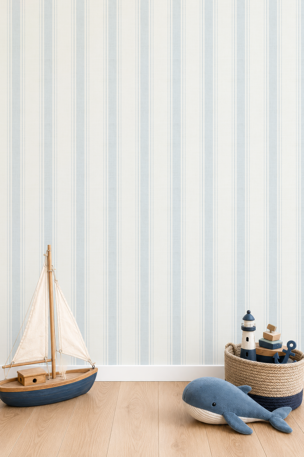 French Blue ticking Striped Wallpaper with texture