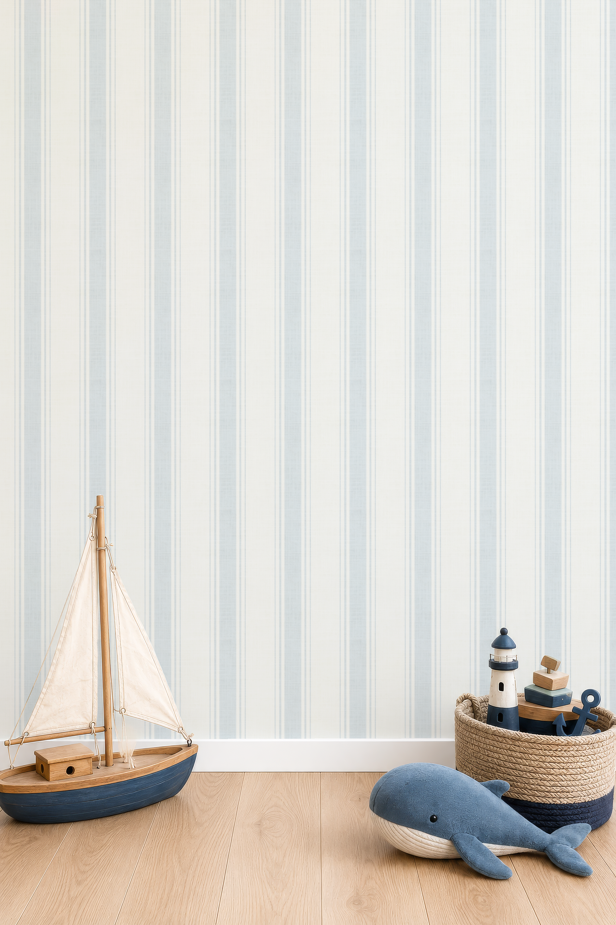 French Blue ticking Striped Wallpaper with texture