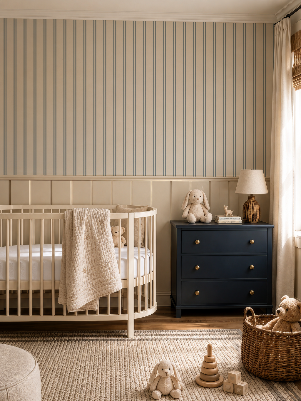 Blue & cream soft double striped Wallpaper with rustic texture