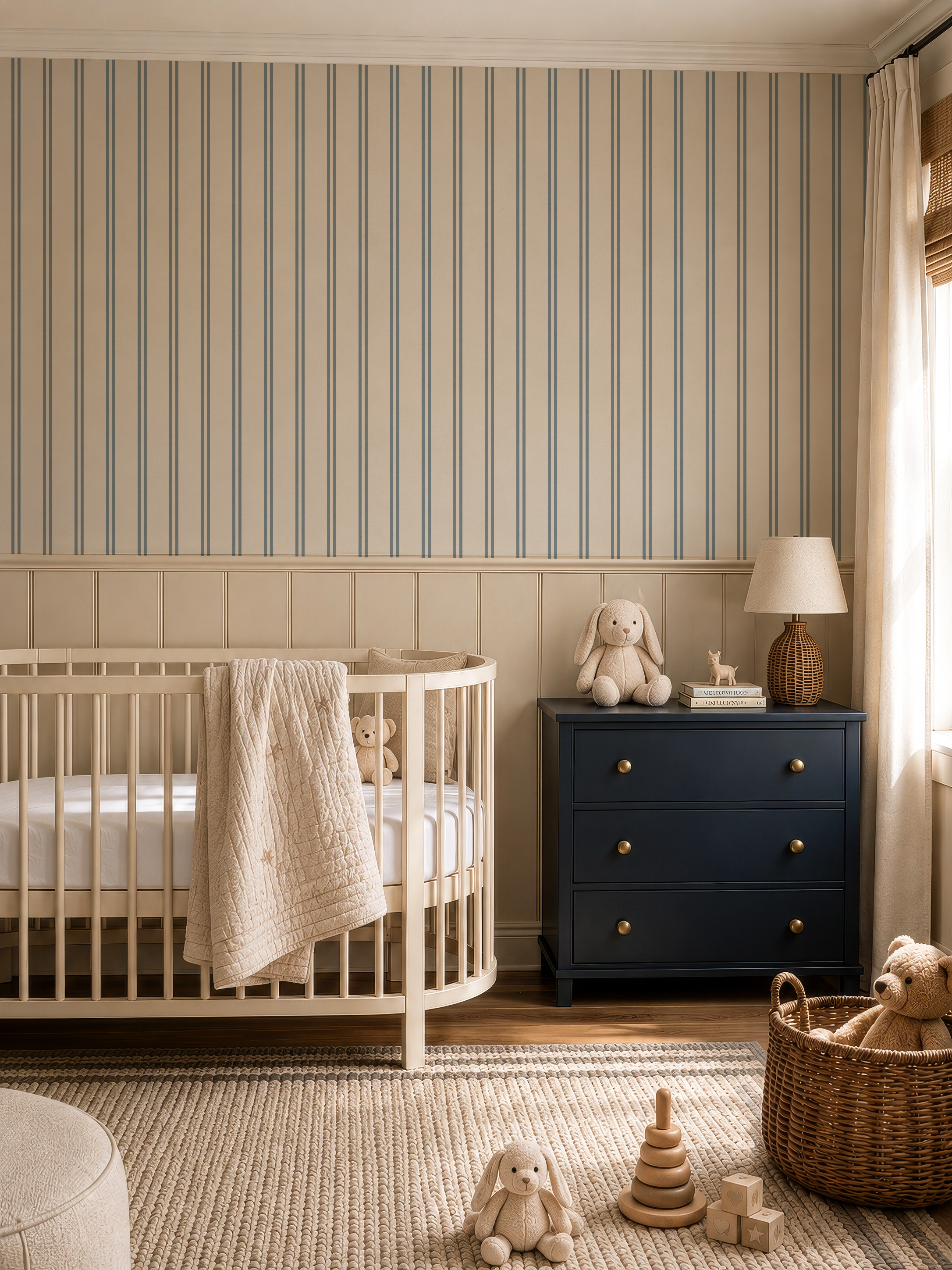 Blue & cream soft double striped Wallpaper with rustic texture