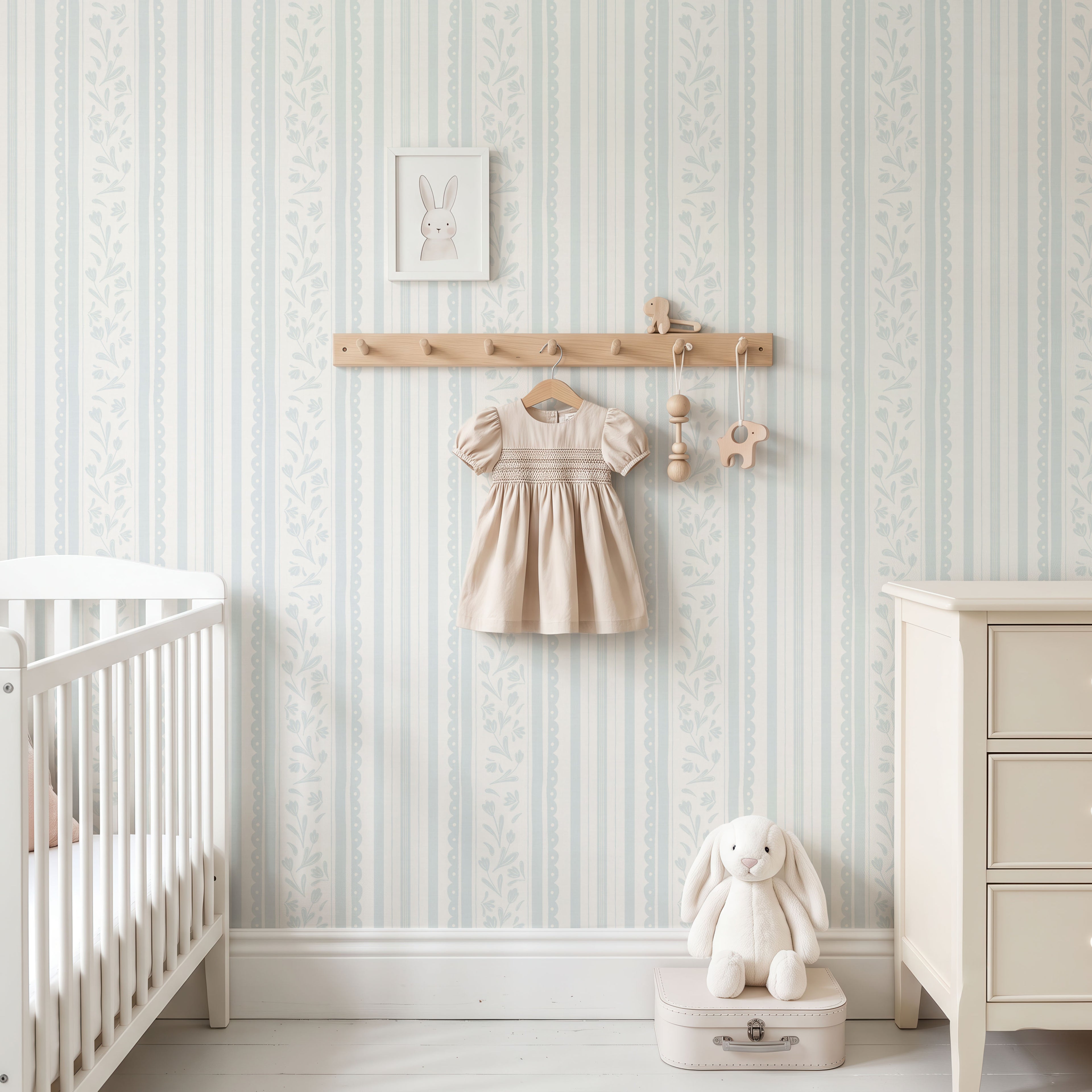 Pastel blue vintage striped wildflower wallpaper