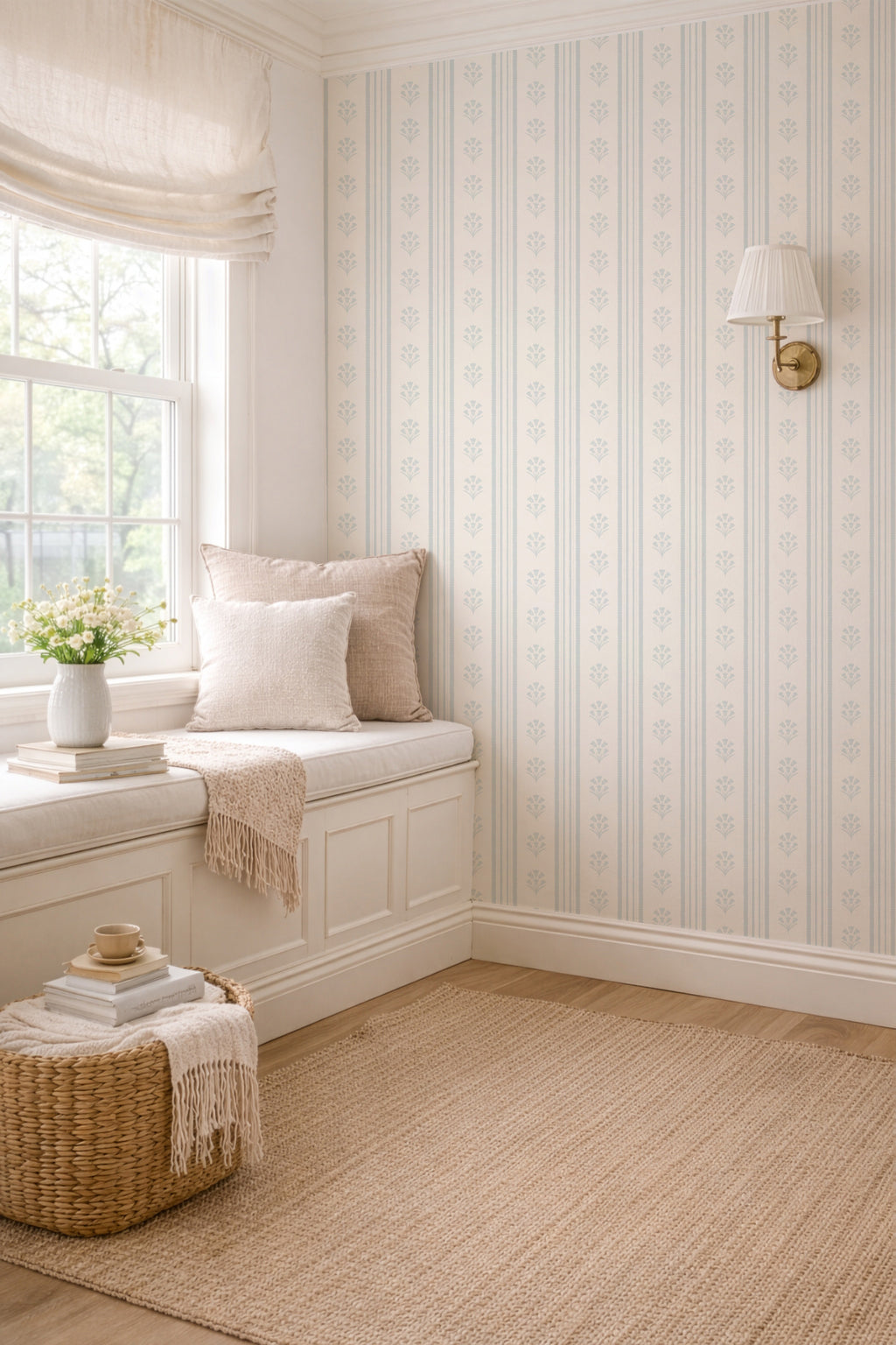 Pastel blue Striped Floral Wallpaper: Vintage Cottage Scallop Wall Covering, wildflower nursery wall decor, farmhouse scallop stripes