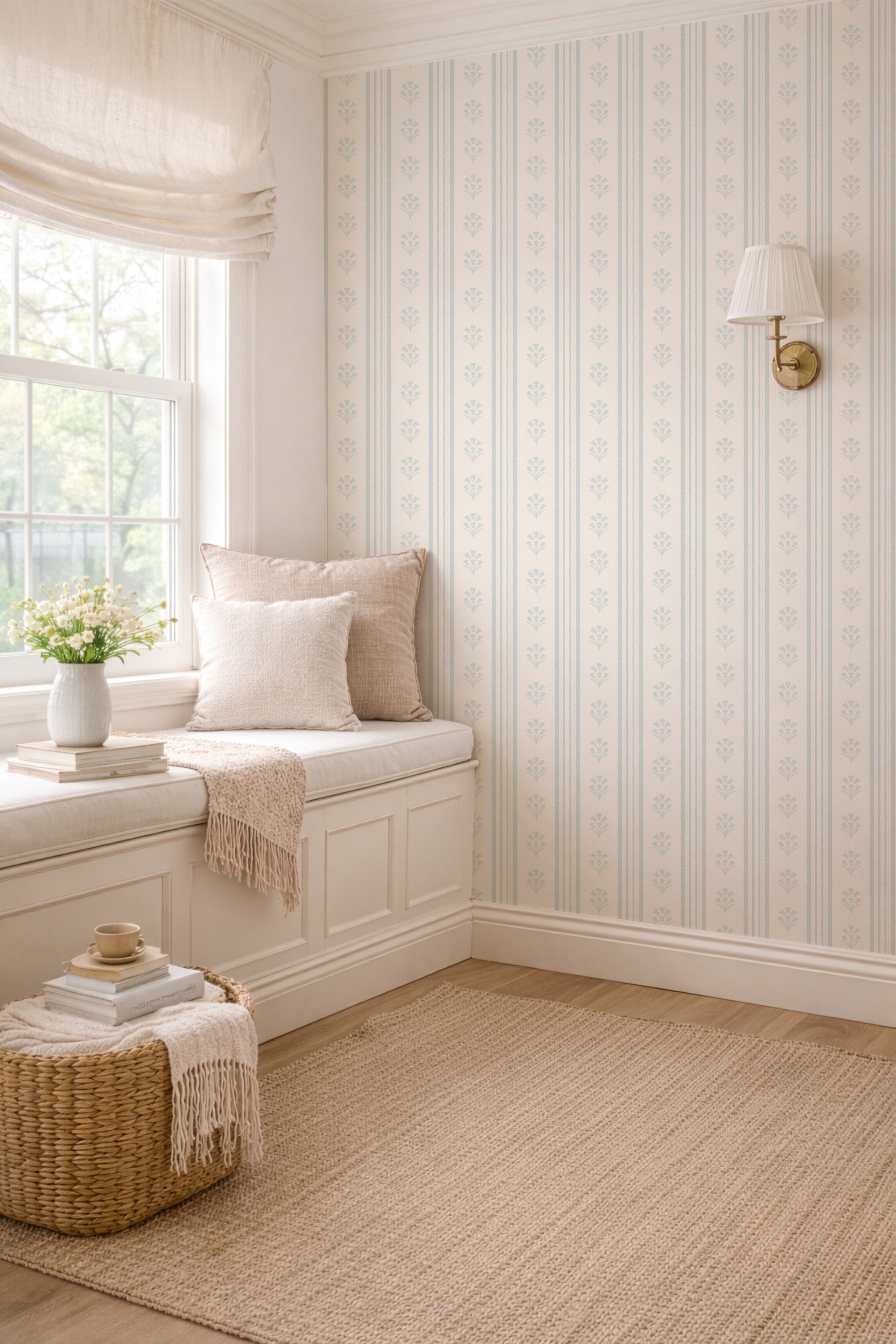 Pastel blue Striped Floral Wallpaper: Vintage Cottage Scallop Wall Covering, wildflower nursery wall decor, farmhouse scallop stripes
