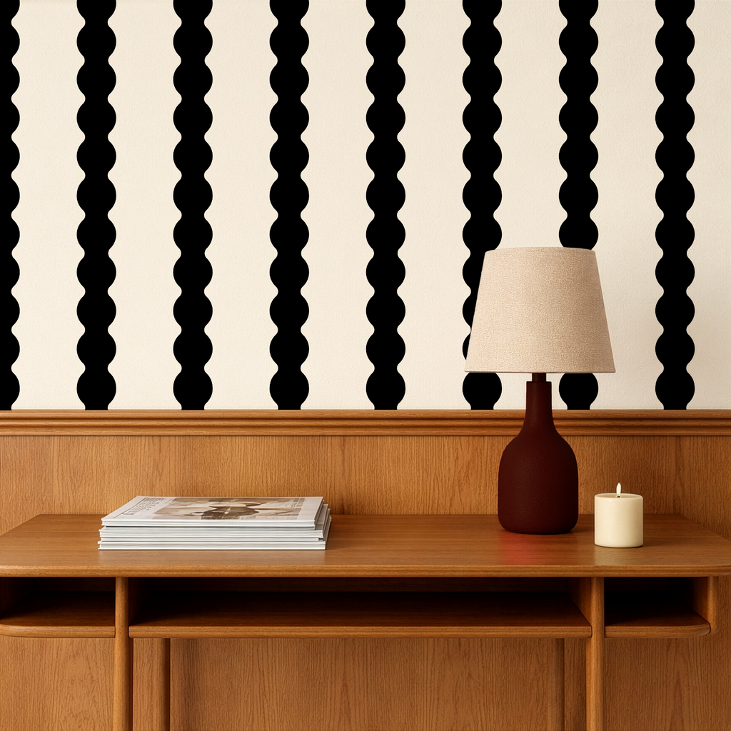 Black & cream wavy striped wallpaper