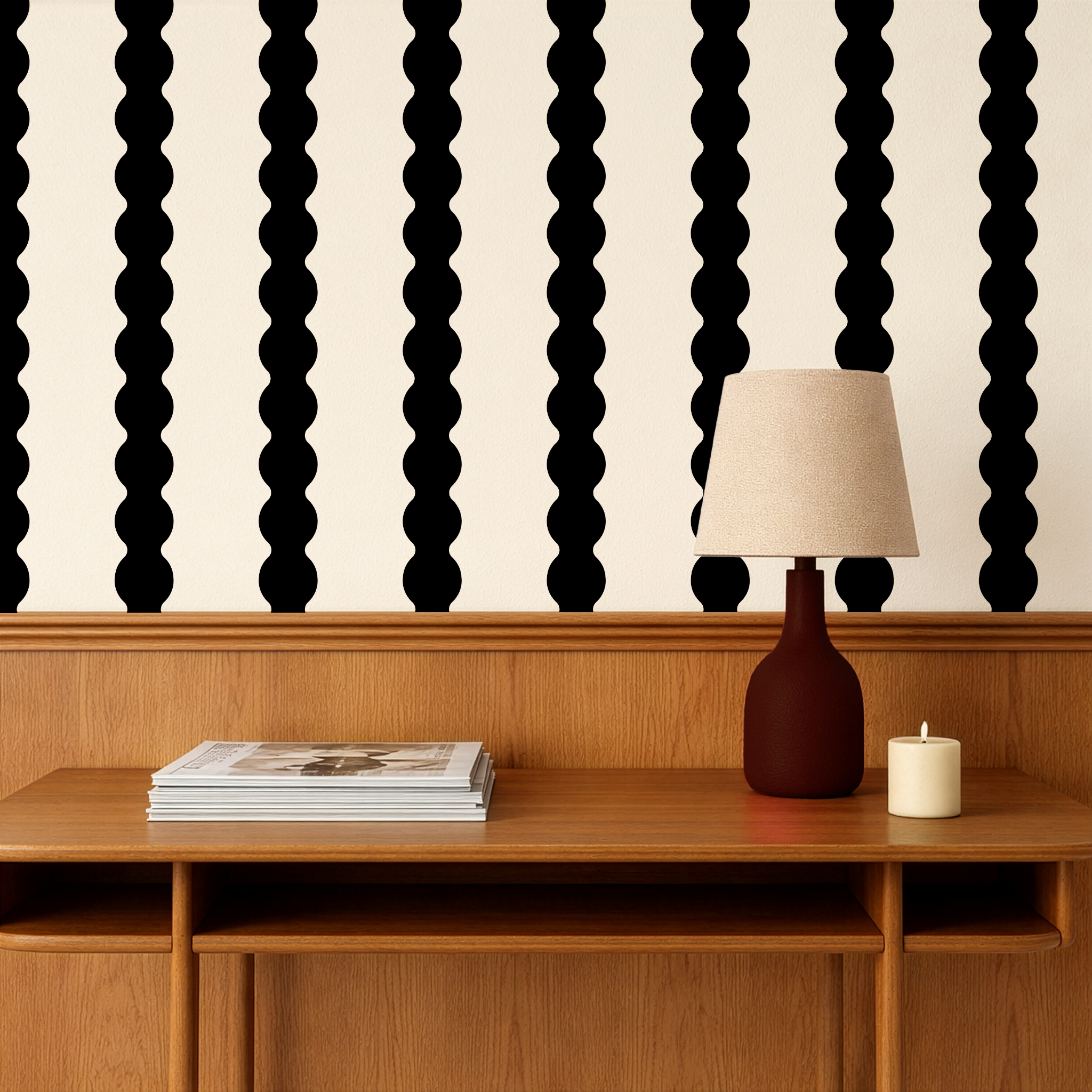 Black & cream wavy striped wallpaper