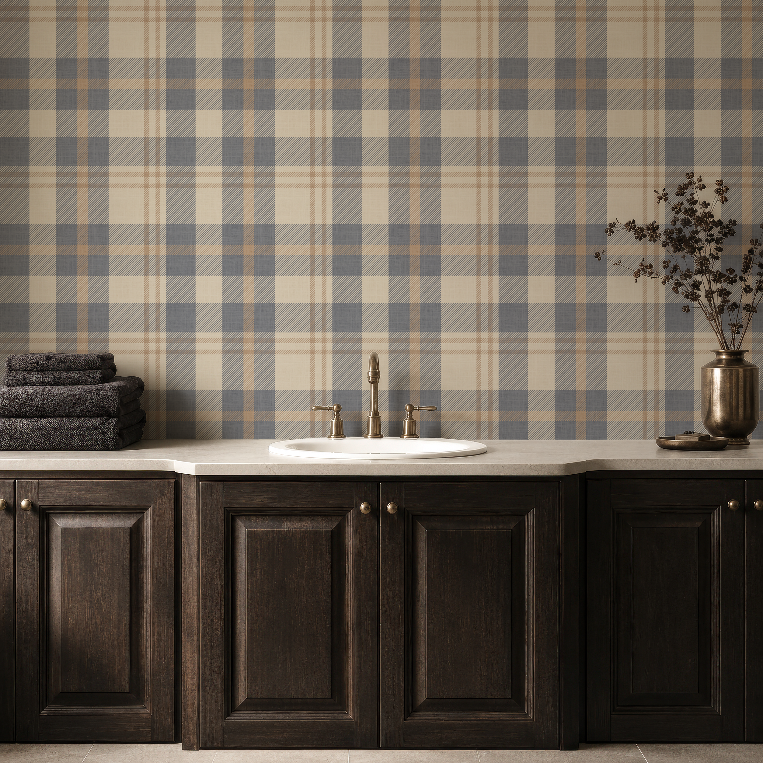 Neutral blue and beige Plaid Wallpaper | Nordic plaid design Farmhouse Interiors  | Rustic Nursery Wallpaper