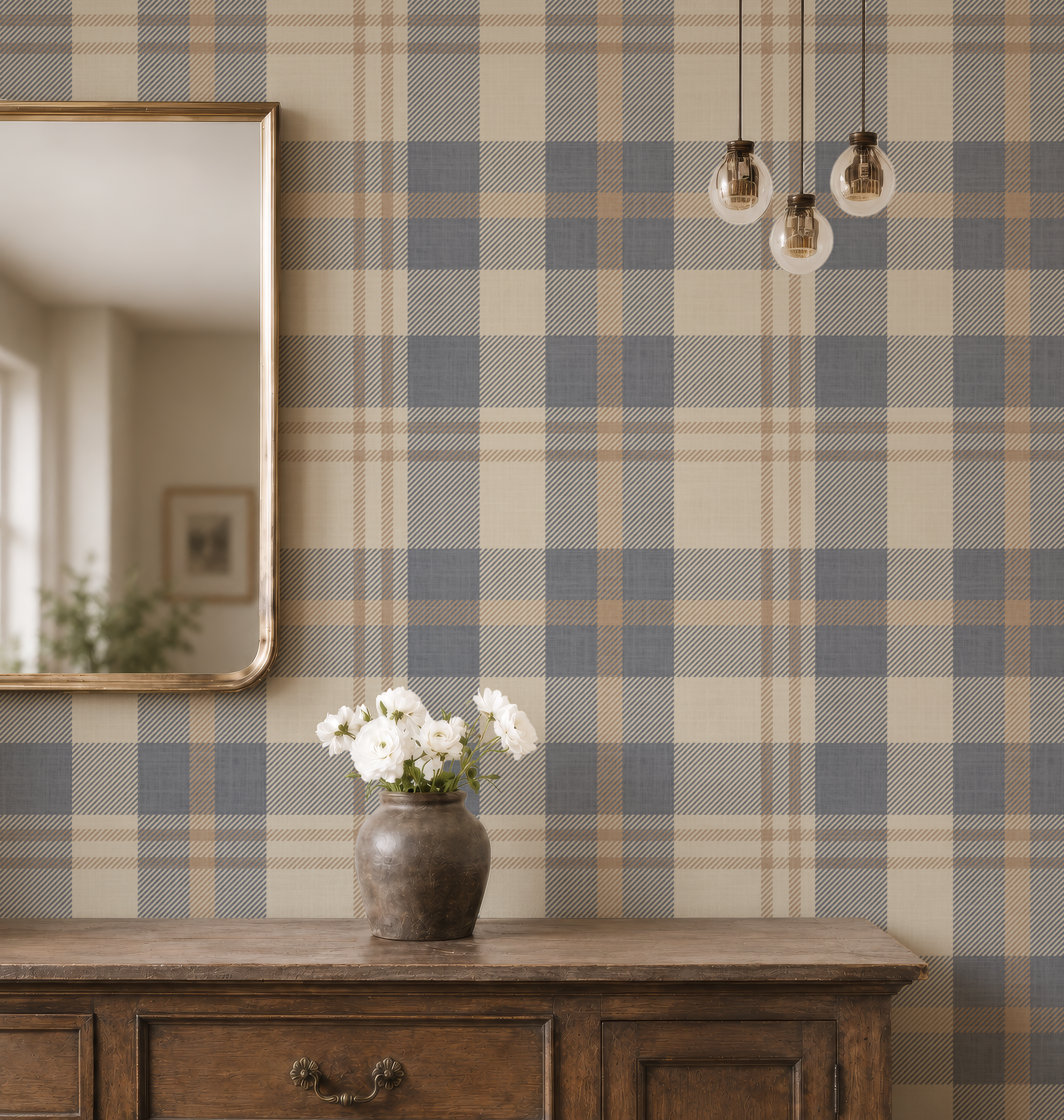 Neutral blue and beige Plaid Wallpaper | Nordic plaid design Farmhouse Interiors  | Rustic Nursery Wallpaper