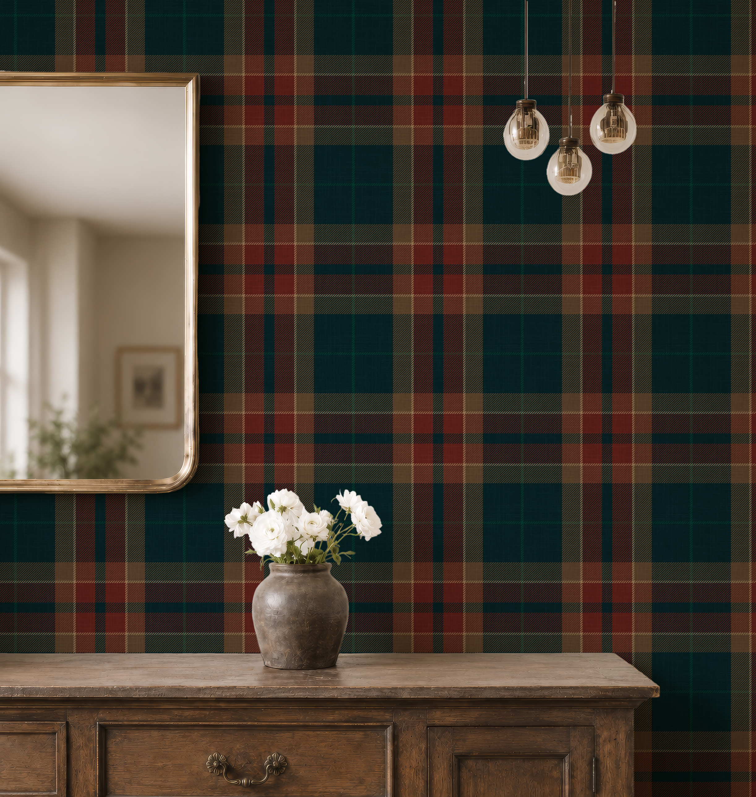 Moody Red & blue farmhouse Plaid Wallpaper