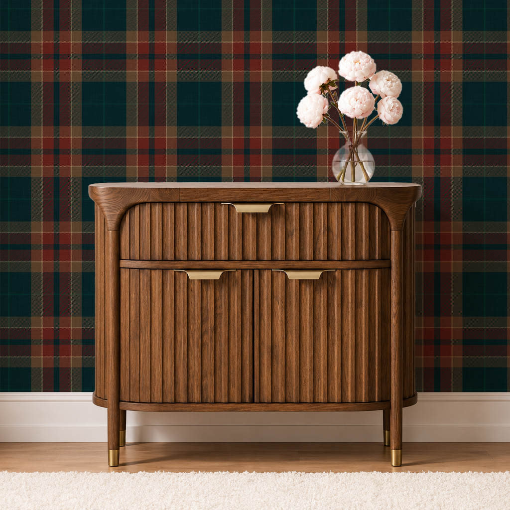 Moody Red & blue farmhouse Plaid Wallpaper