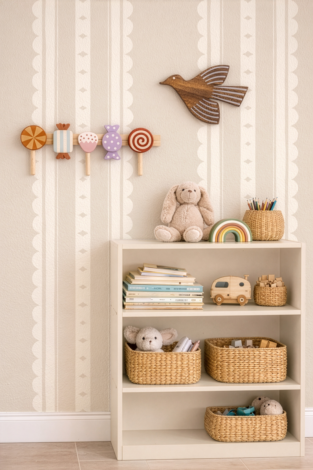 Beige Scallop Stripe Nursery Wallpaper – Gender Neutral Baby Wall Covering (Peel and Stick)