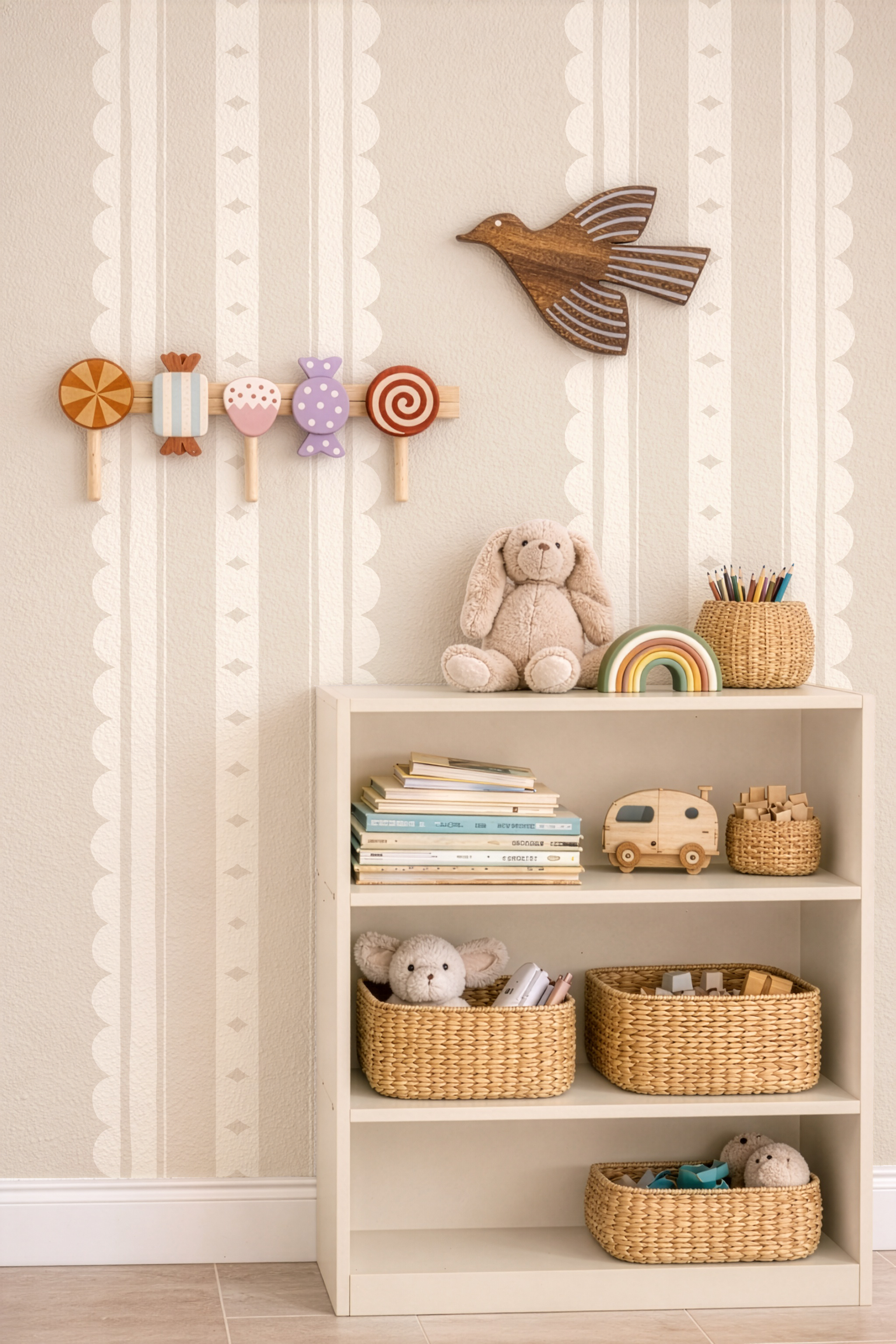 Beige Scallop Stripe Nursery Wallpaper – Gender Neutral Baby Wall Covering (Peel and Stick)