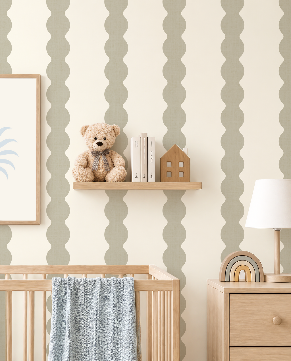Sage Green Scallop Stripe Wallpaper | Scandinavian Nursery Decor