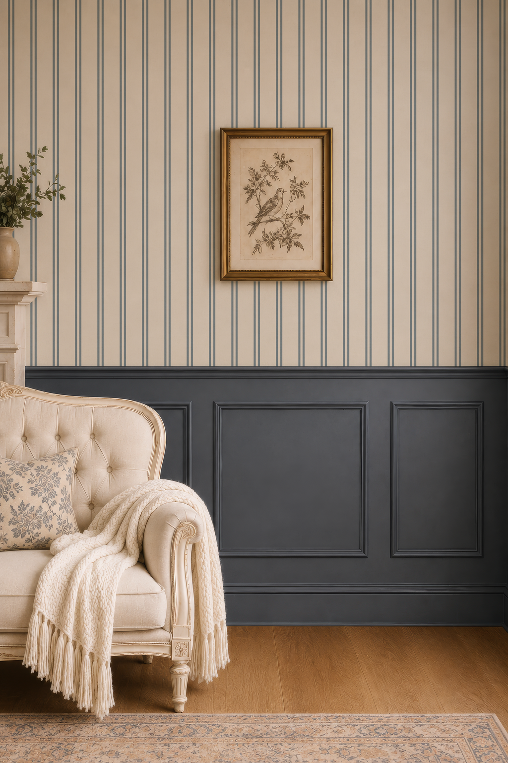 Blue & cream soft double striped Wallpaper with rustic texture
