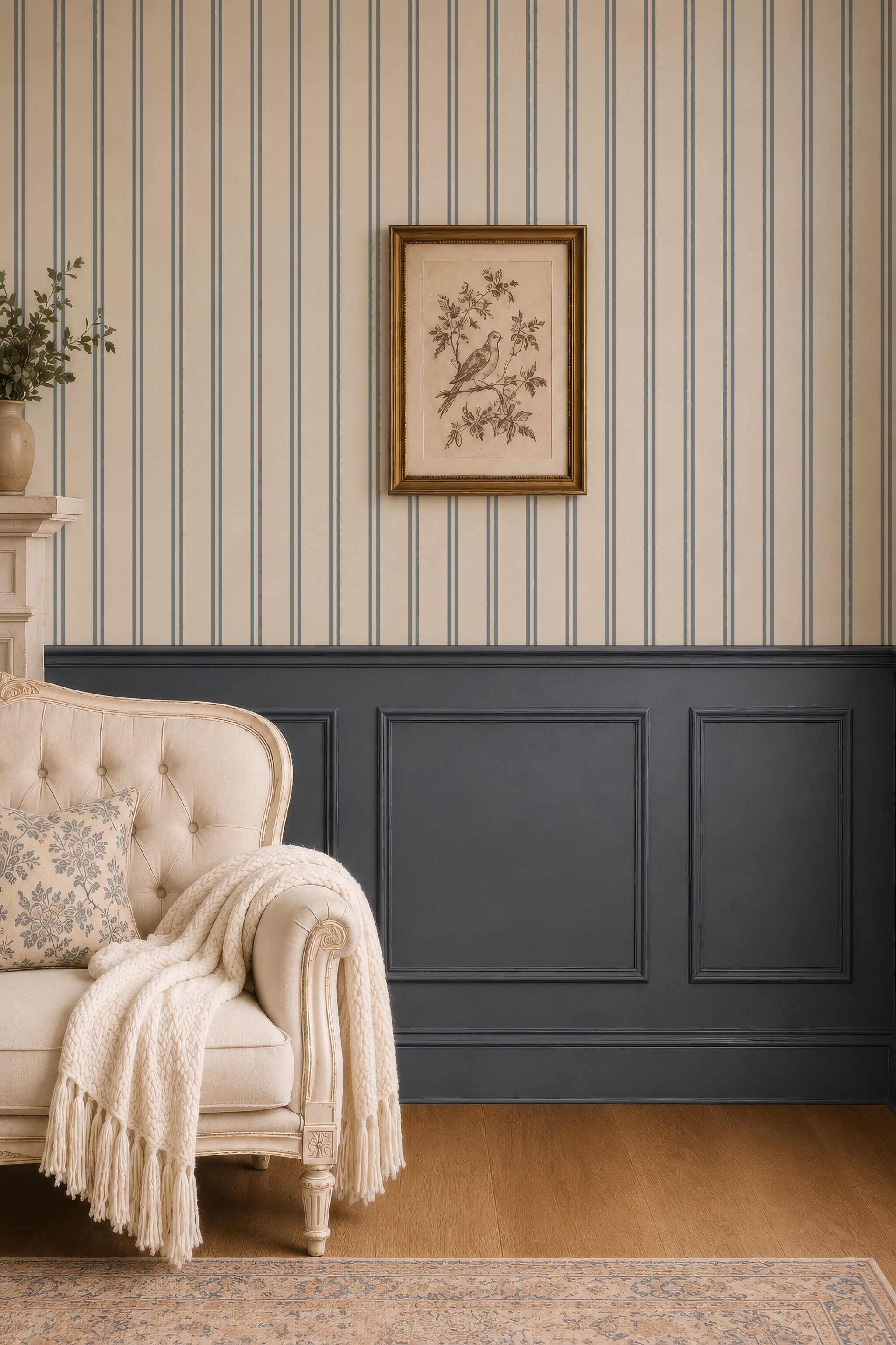 Blue & cream soft double striped Wallpaper with rustic texture