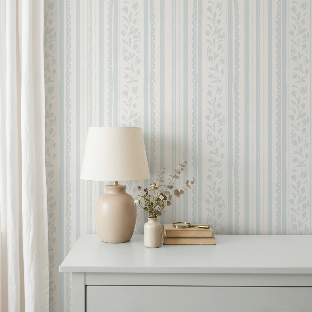 Pastel blue vintage striped wildflower wallpaper