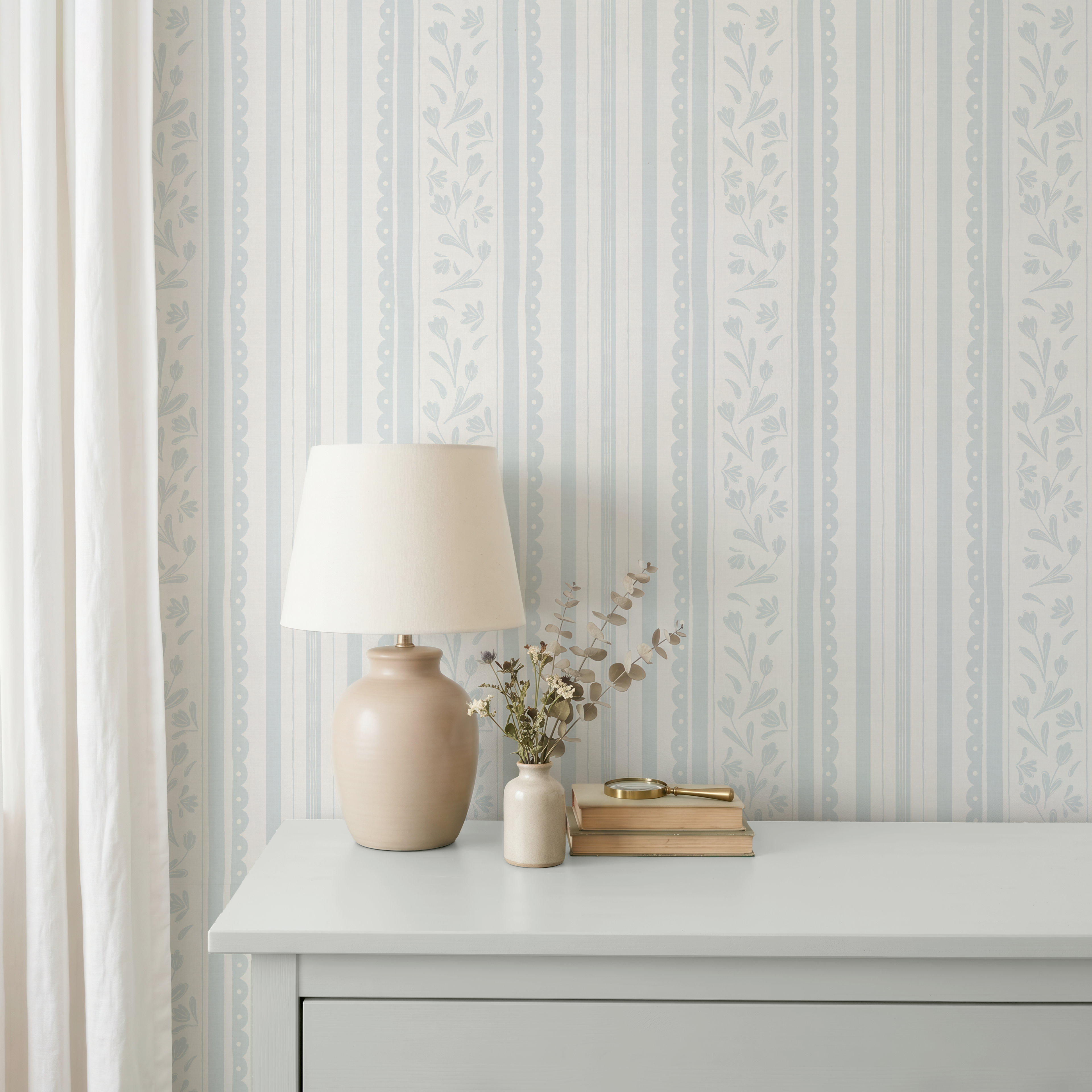 Pastel blue vintage striped wildflower wallpaper