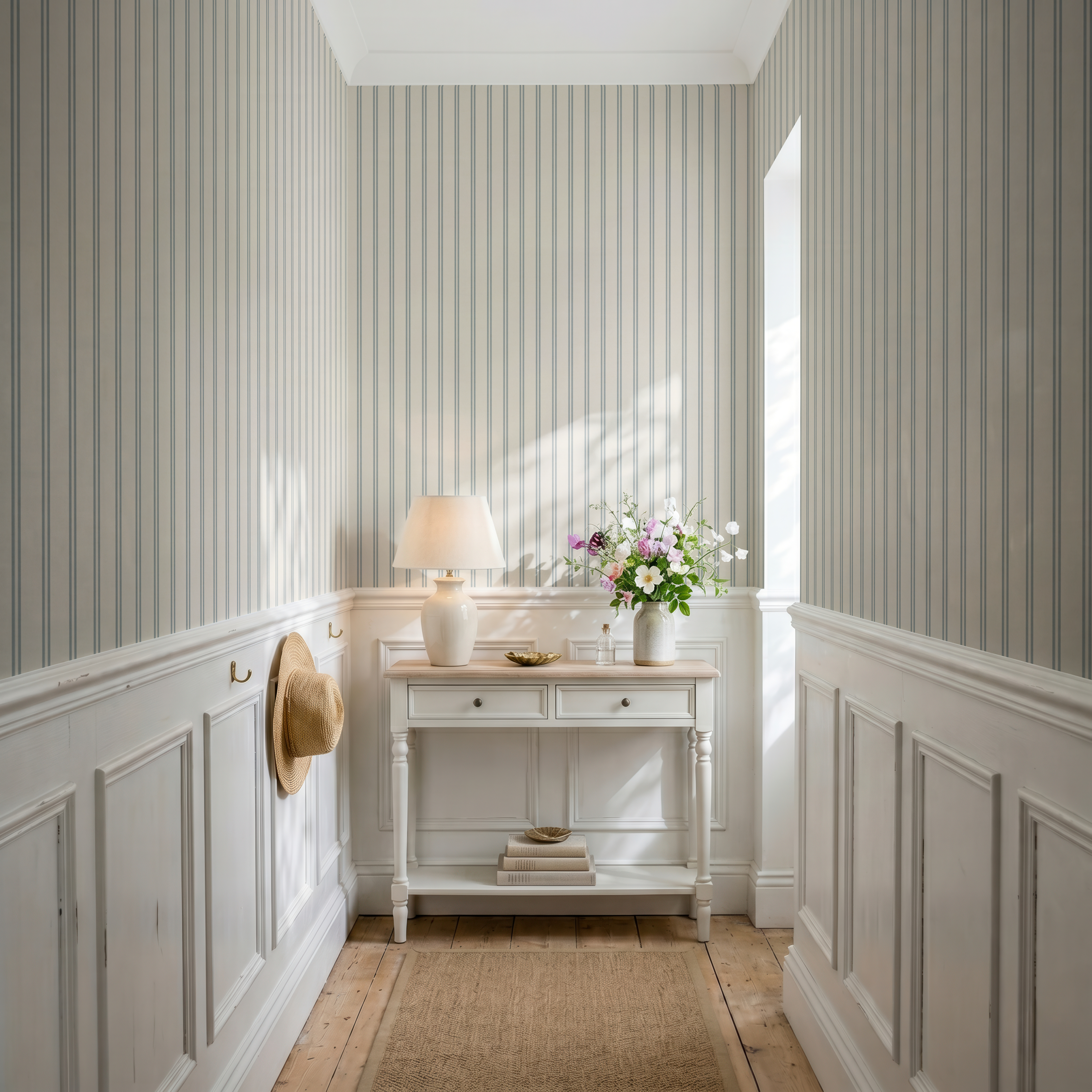 Blue striped wallpaper cozy dusty blue thin lines wall covering cute nursery wall decor coastal farmhouse elegant wallpaper peel and stick