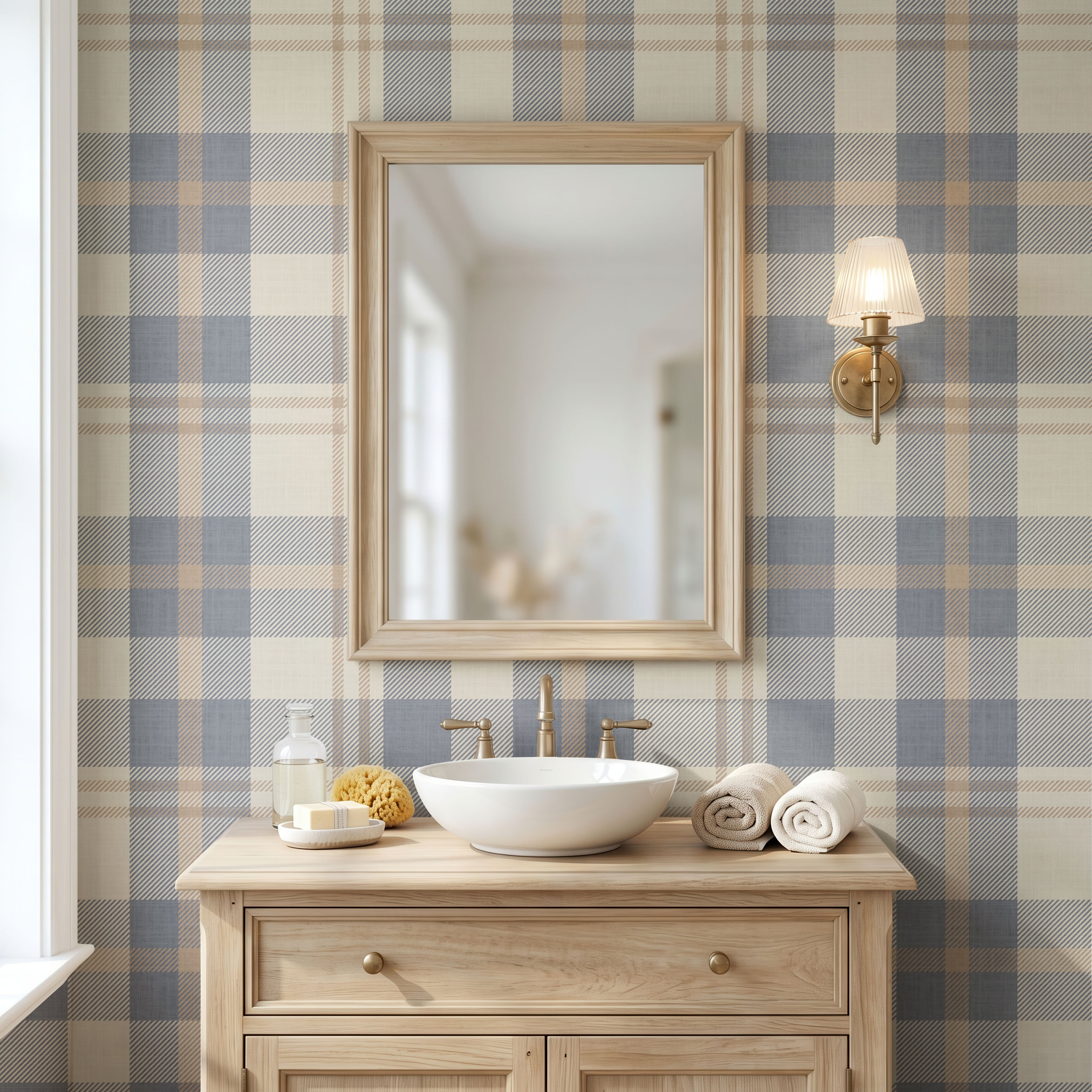 Cozy blue and beige Farmhouse Plaid rustic Wallpaper