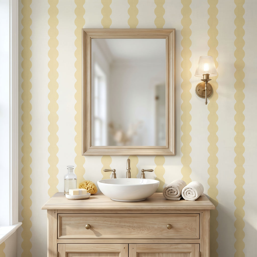 Retro Pastel yellow Wavy Striped Wallpaper