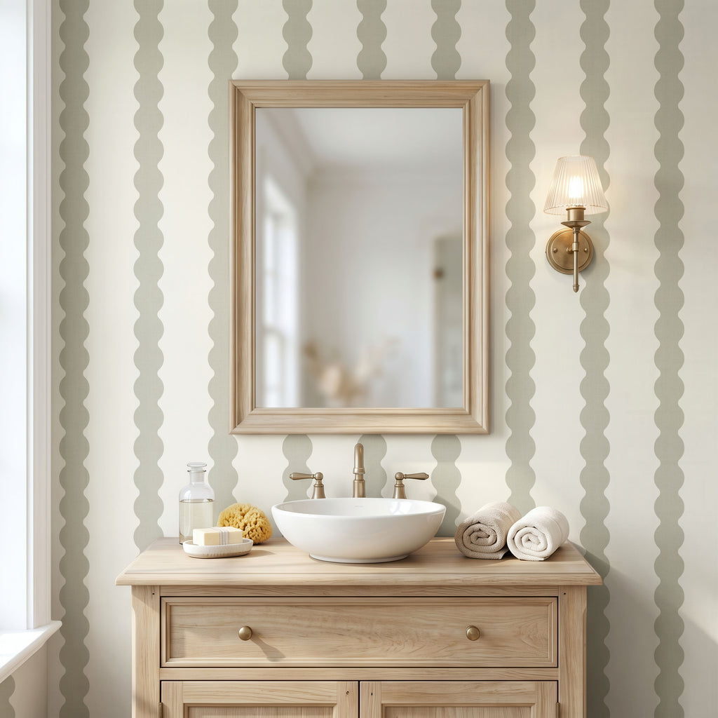 Scandinavian green Scallop Striped Wallpaper