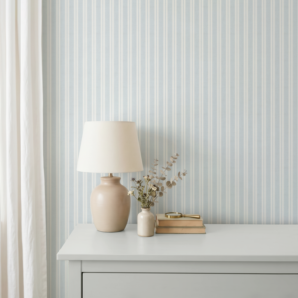 Blue vintage boy's nursery: Cozy Striped baby room decor , Farmhouse Wall Covering (Peel & Stick) Cozy cottage wall decor, Linen Texture