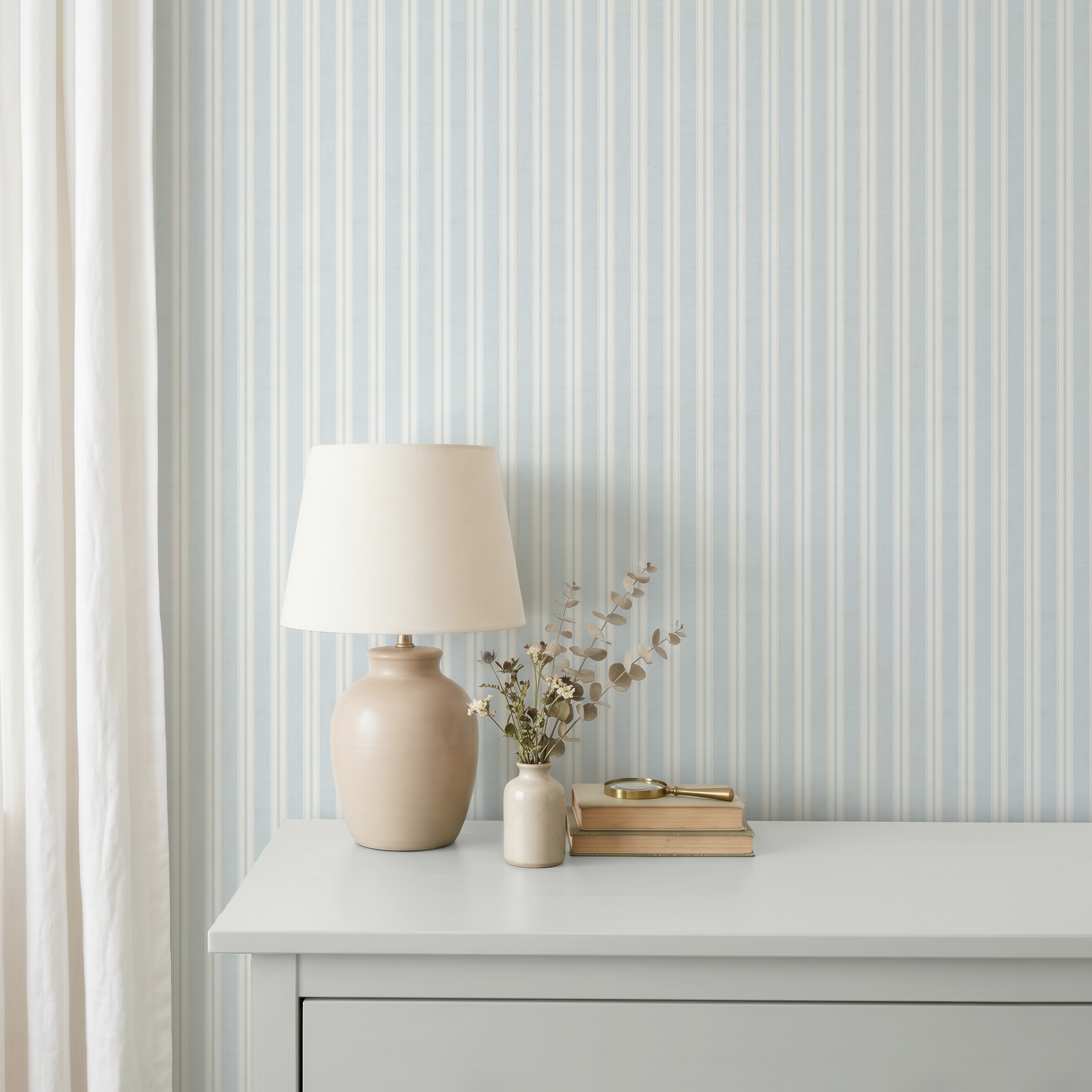 Blue vintage boy's nursery: Cozy Striped baby room decor , Farmhouse Wall Covering (Peel & Stick) Cozy cottage wall decor, Linen Texture