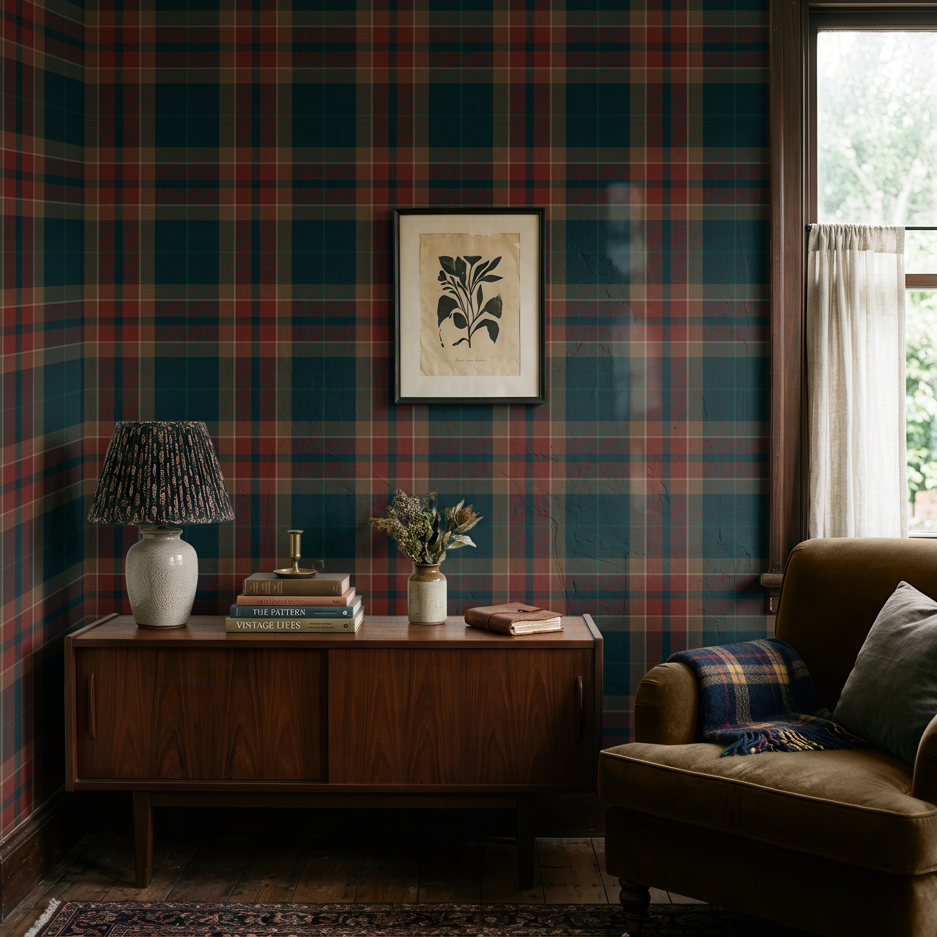 Moody Red & blue farmhouse Plaid Wallpaper