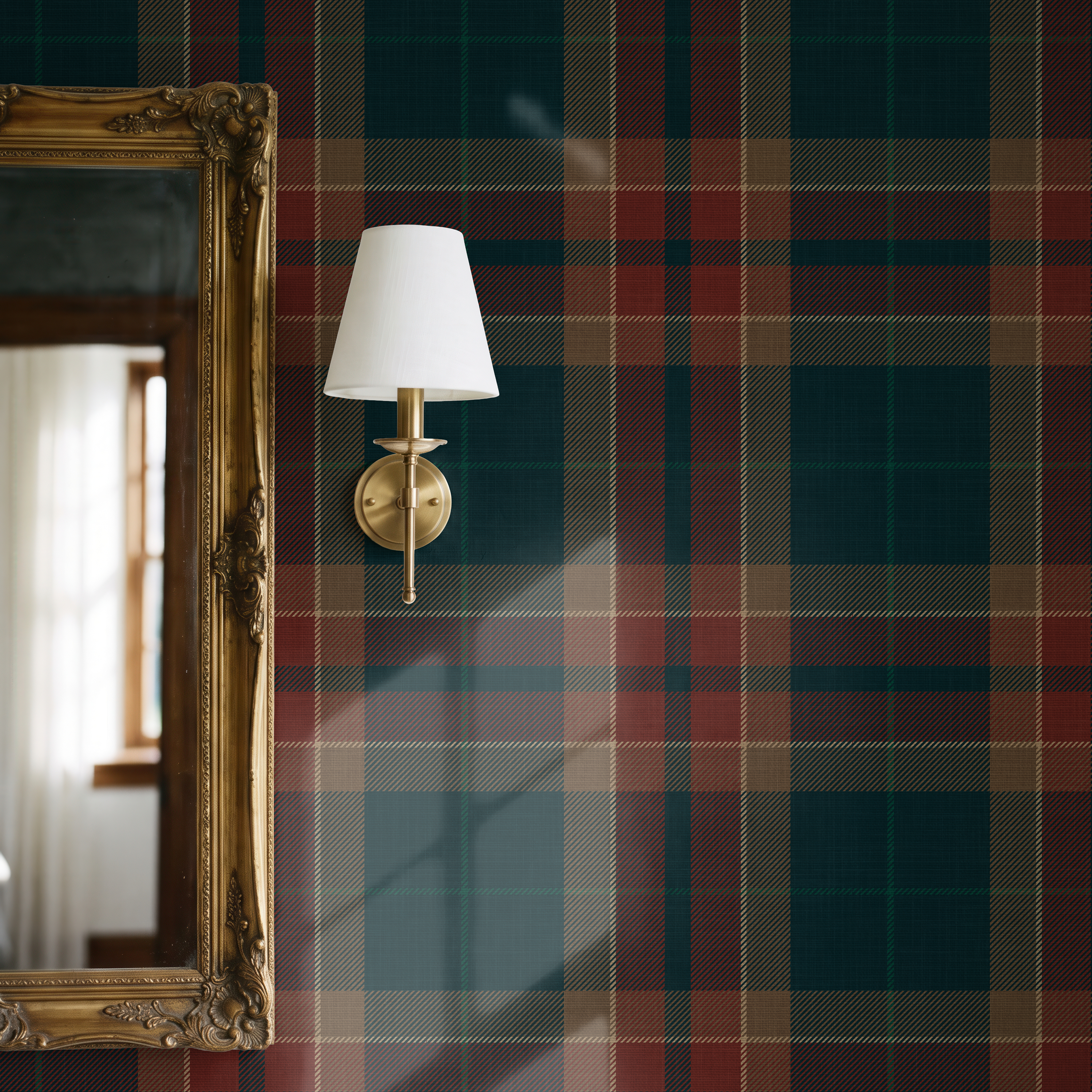 Moody Red & blue farmhouse Plaid Wallpaper