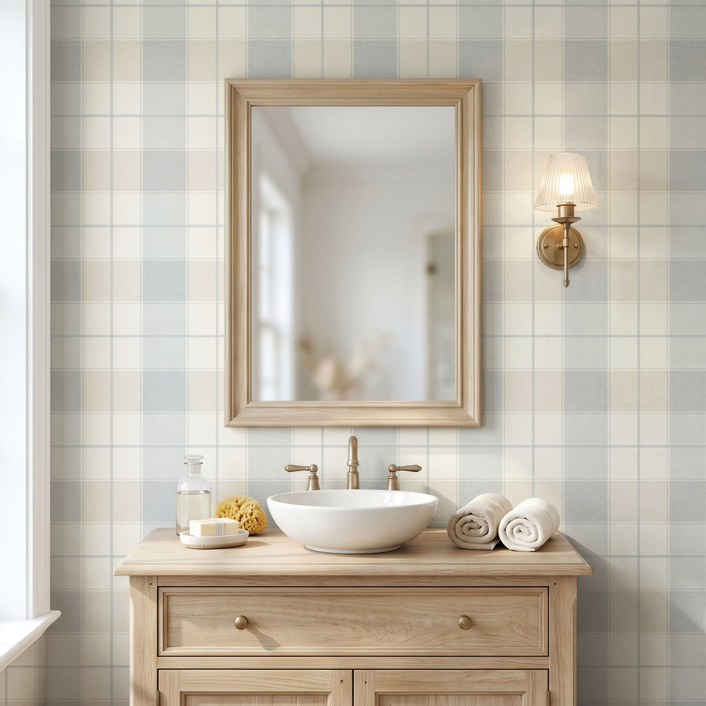 Neutral blue and beige buffalo heritage plaid wallpaper