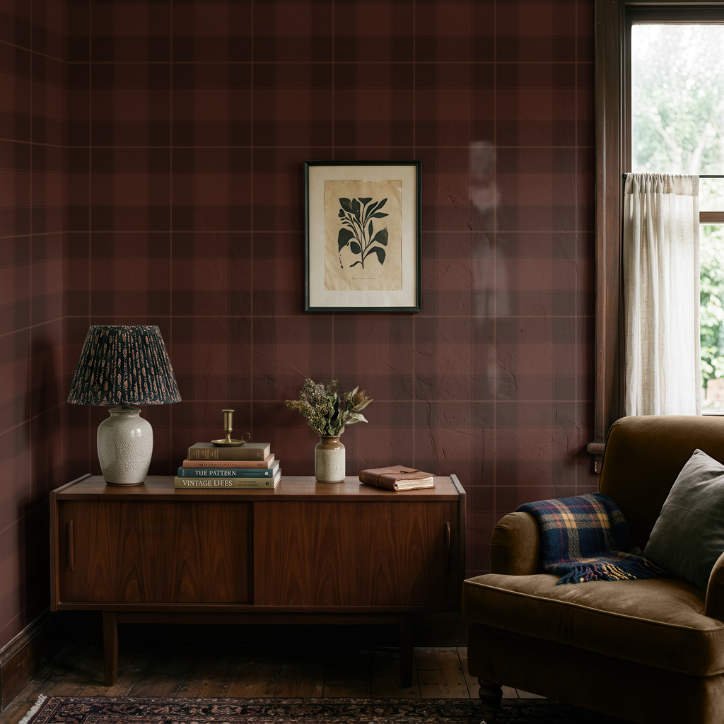 Cozy Wine red tartan plaid wallpaper
