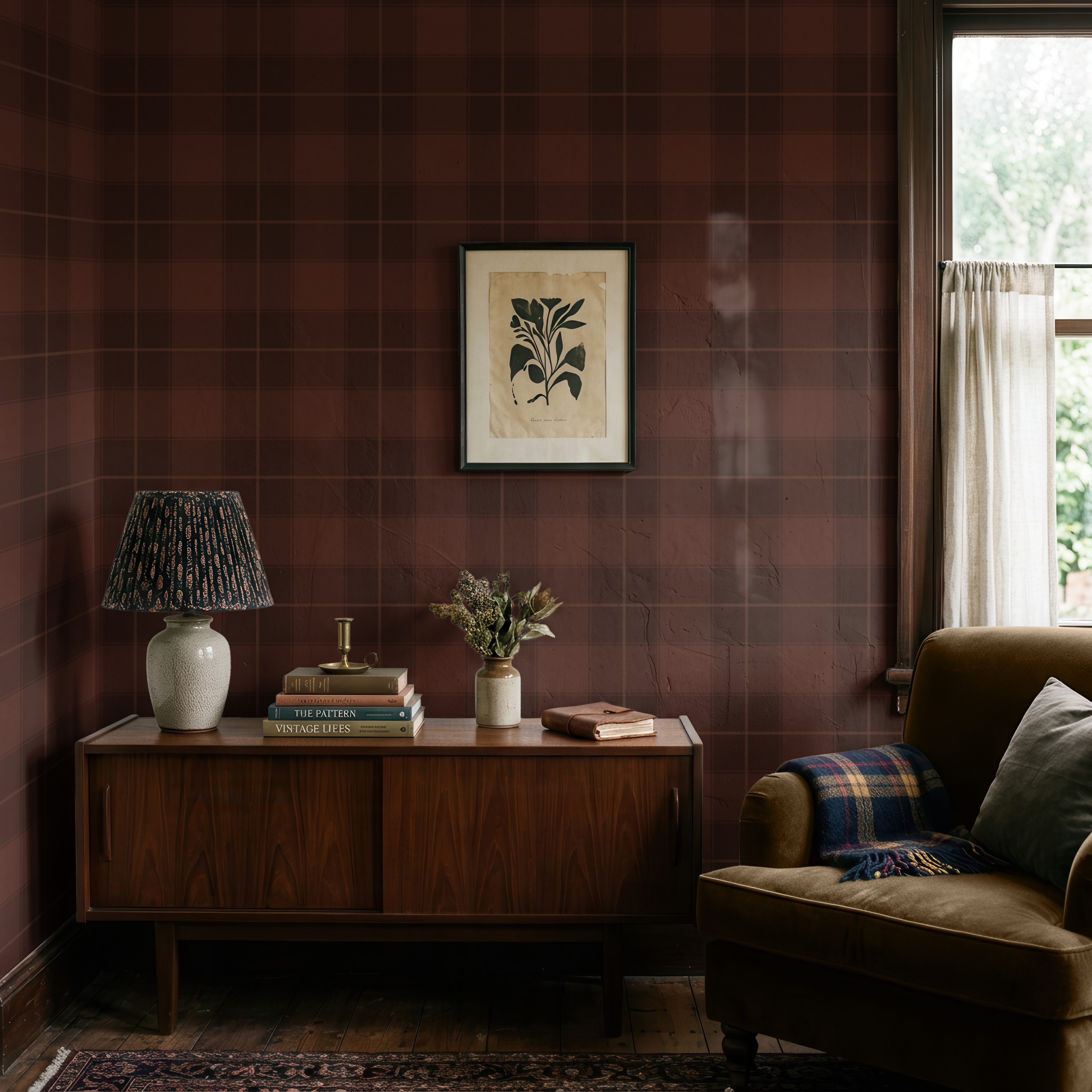 Cozy Wine red tartan plaid wallpaper