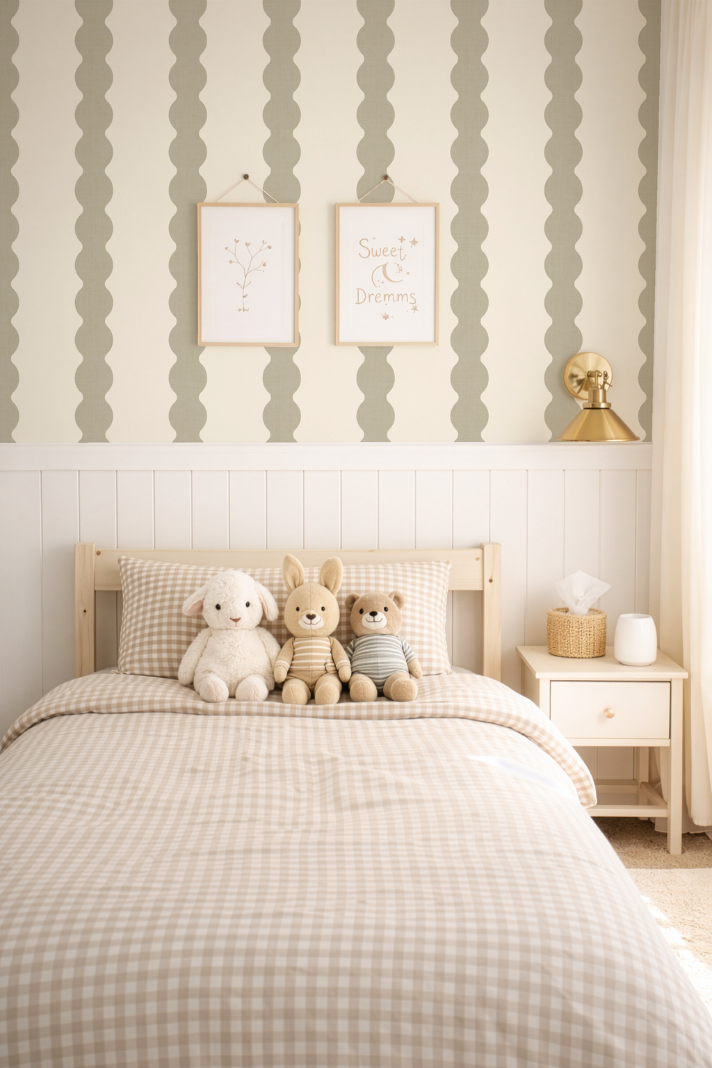 Sage Green Scallop Stripe Wallpaper | Scandinavian Nursery Decor
