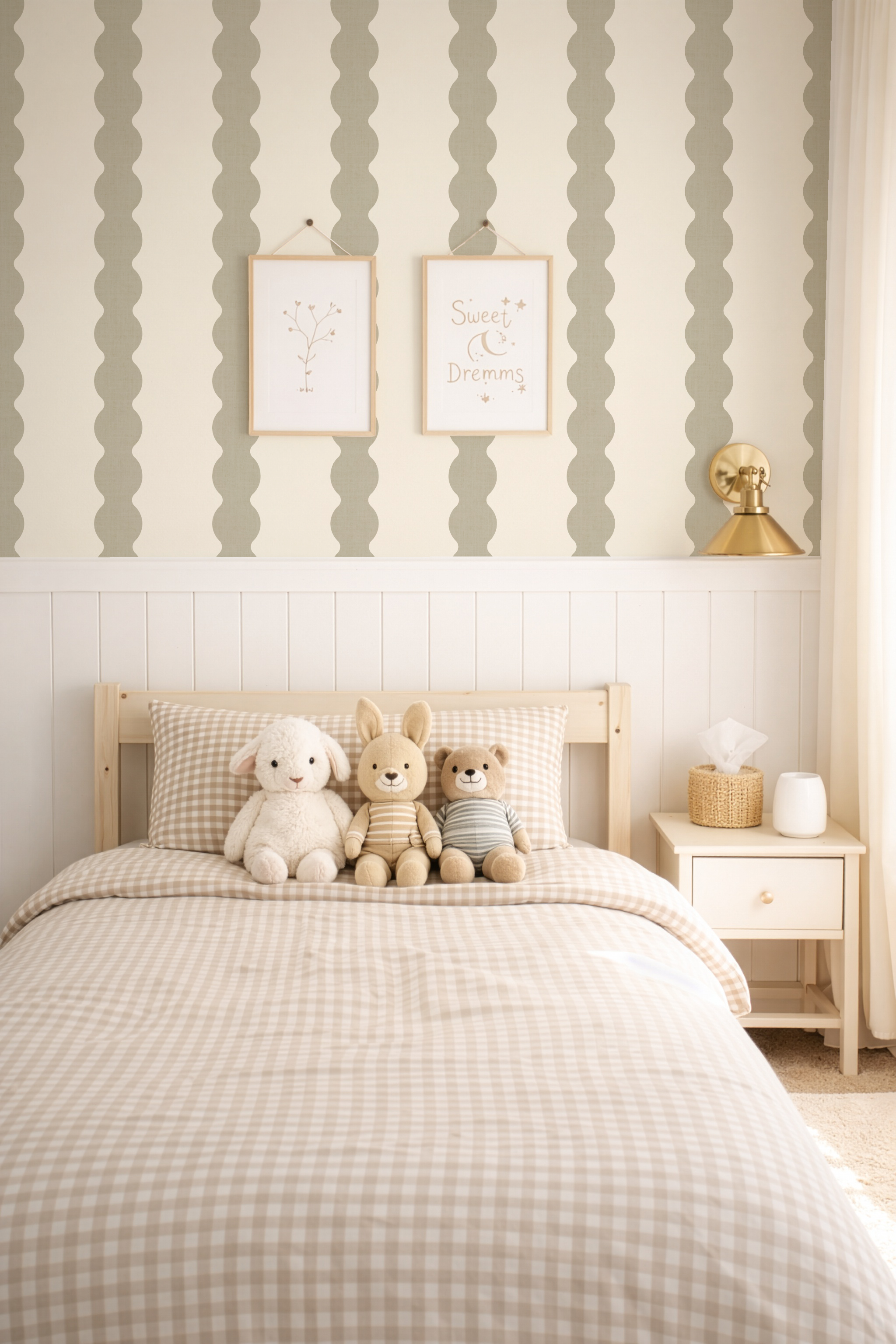 Sage Green Scallop Stripe Wallpaper | Scandinavian Nursery Decor
