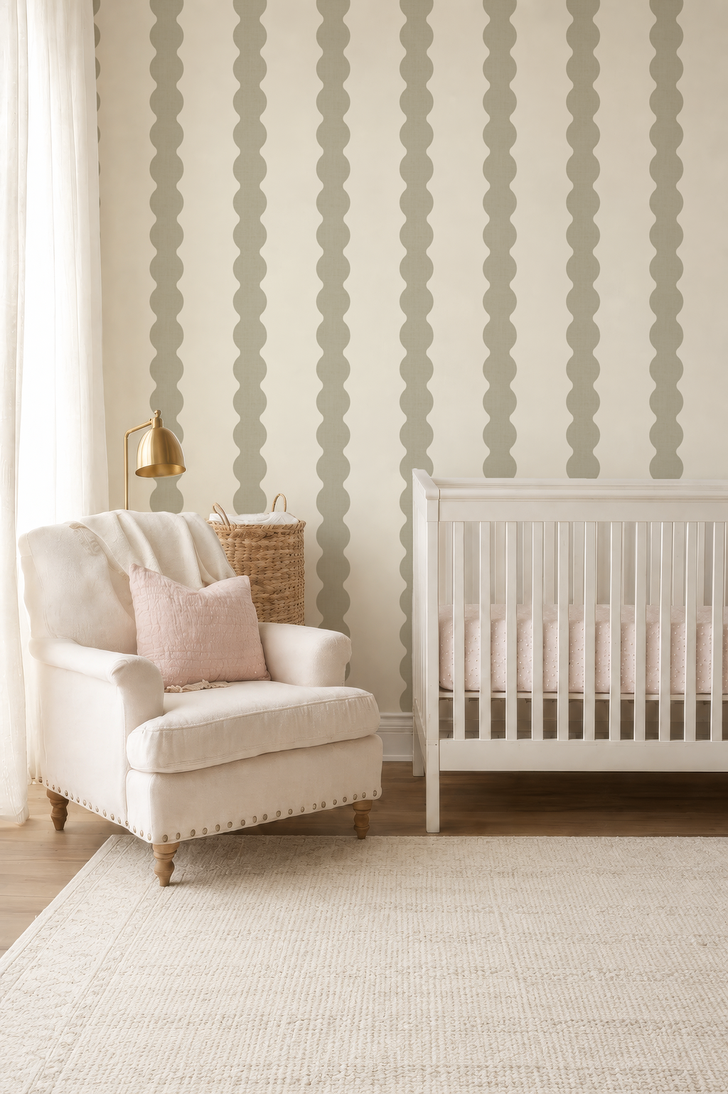 Sage Green Scallop Stripe Wallpaper | Scandinavian Nursery Decor