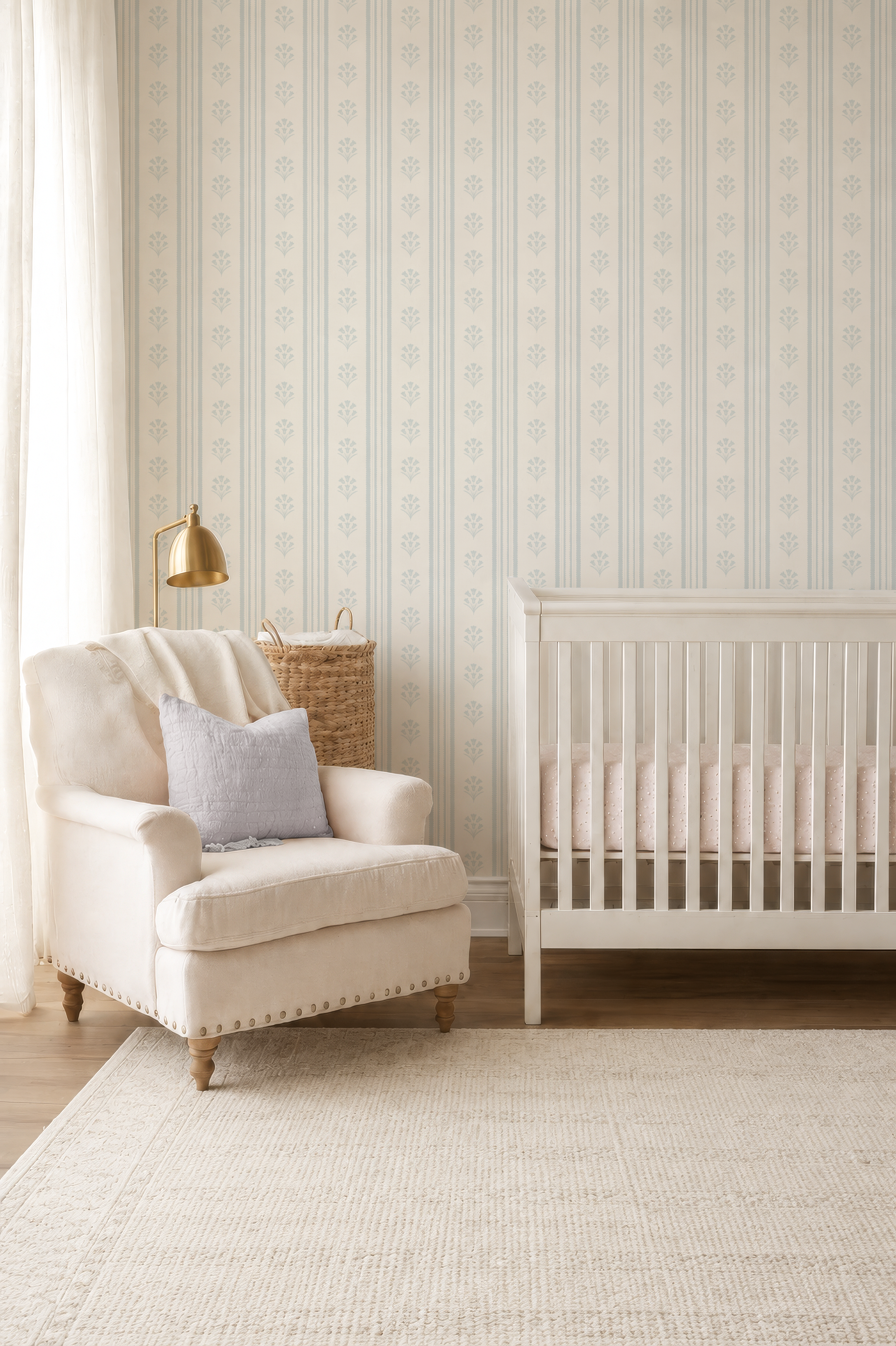 Pastel blue Striped Floral Wallpaper: Vintage Cottage Scallop Wall Covering, wildflower nursery wall decor, farmhouse scallop stripes