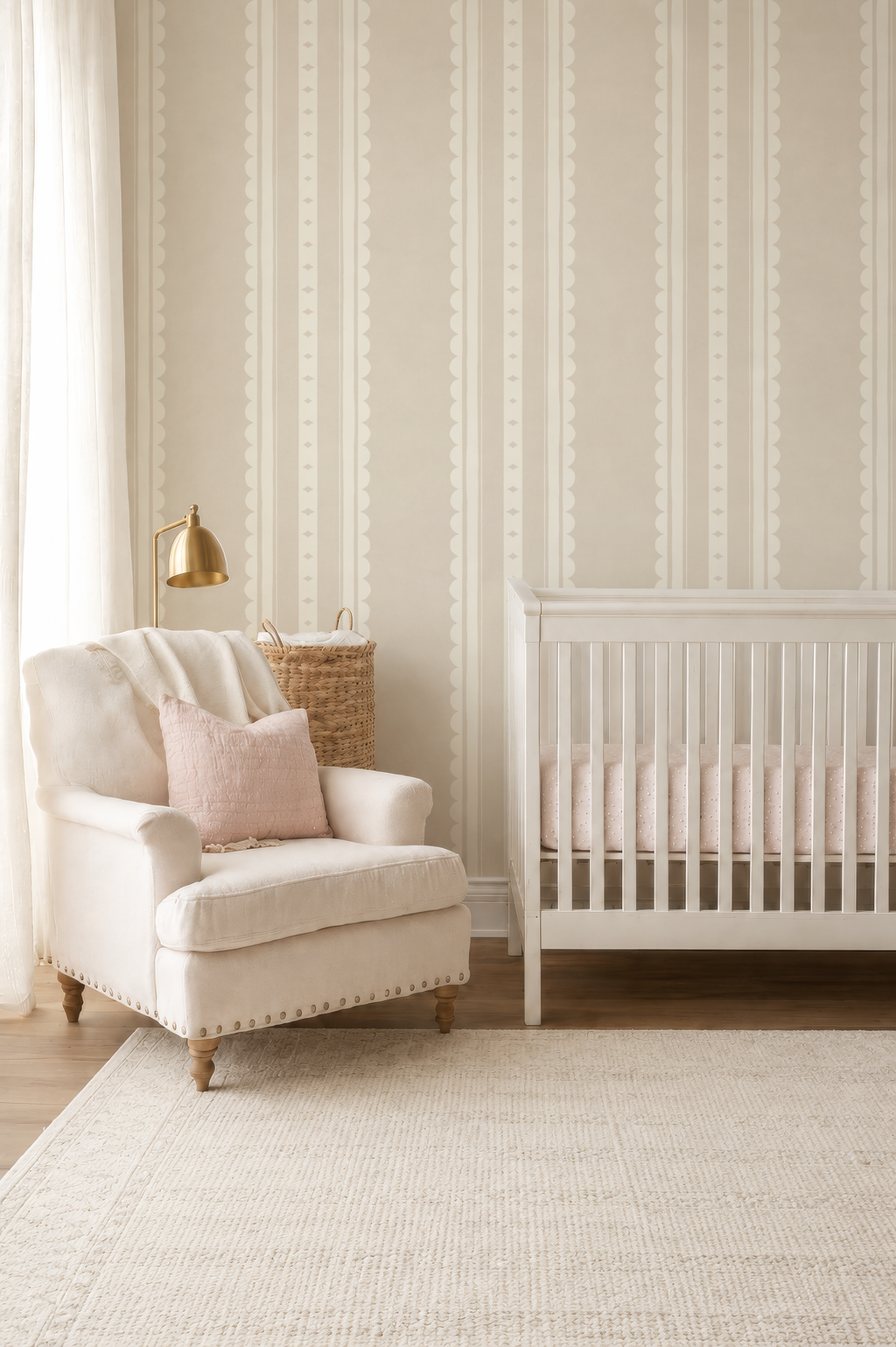 Beige Scallop Stripe Nursery Wallpaper – Gender Neutral Baby Wall Covering (Peel and Stick)