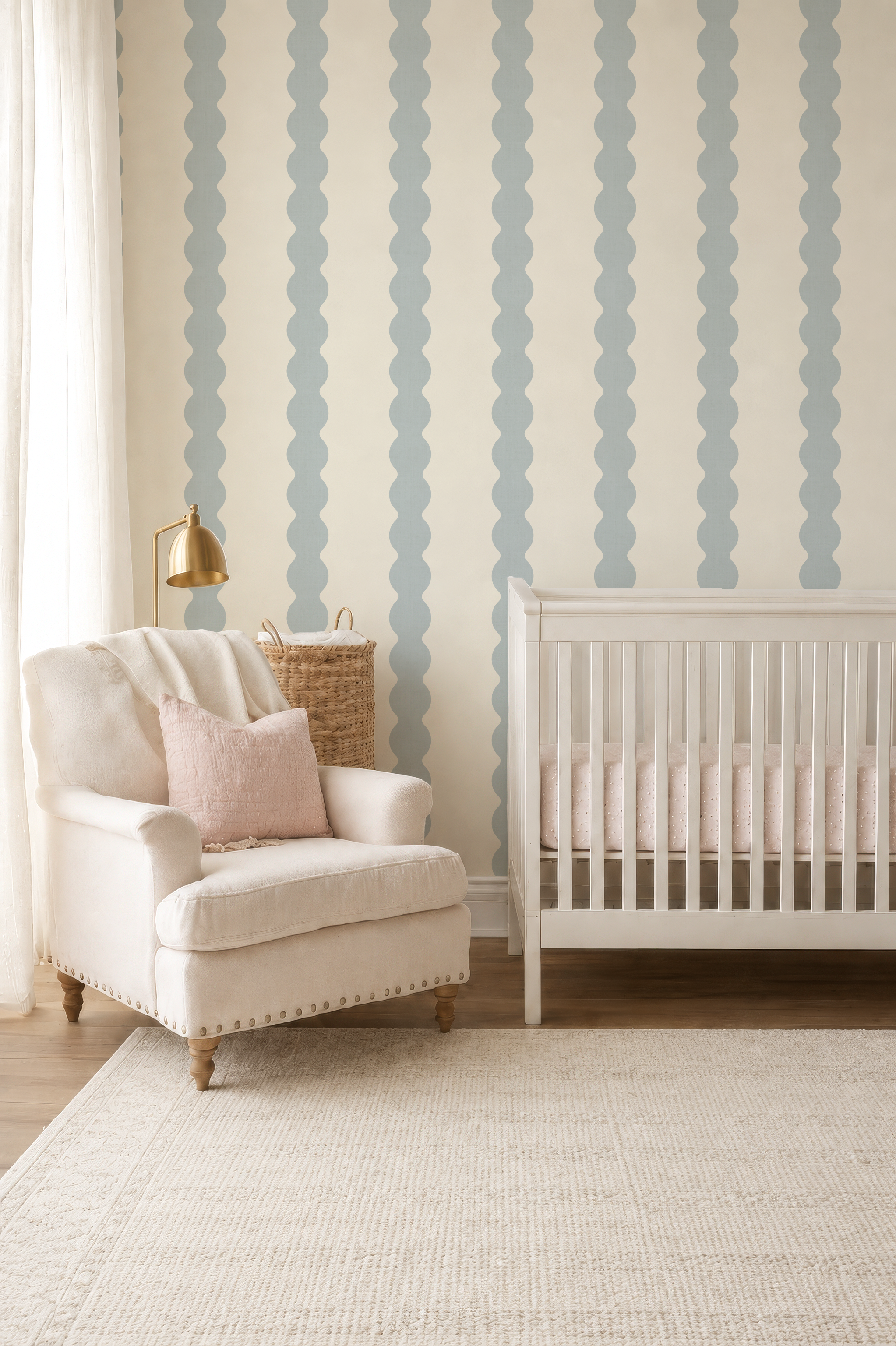 Light Blue Scallop Striped Wallpaper | Wavy boy nursery wall