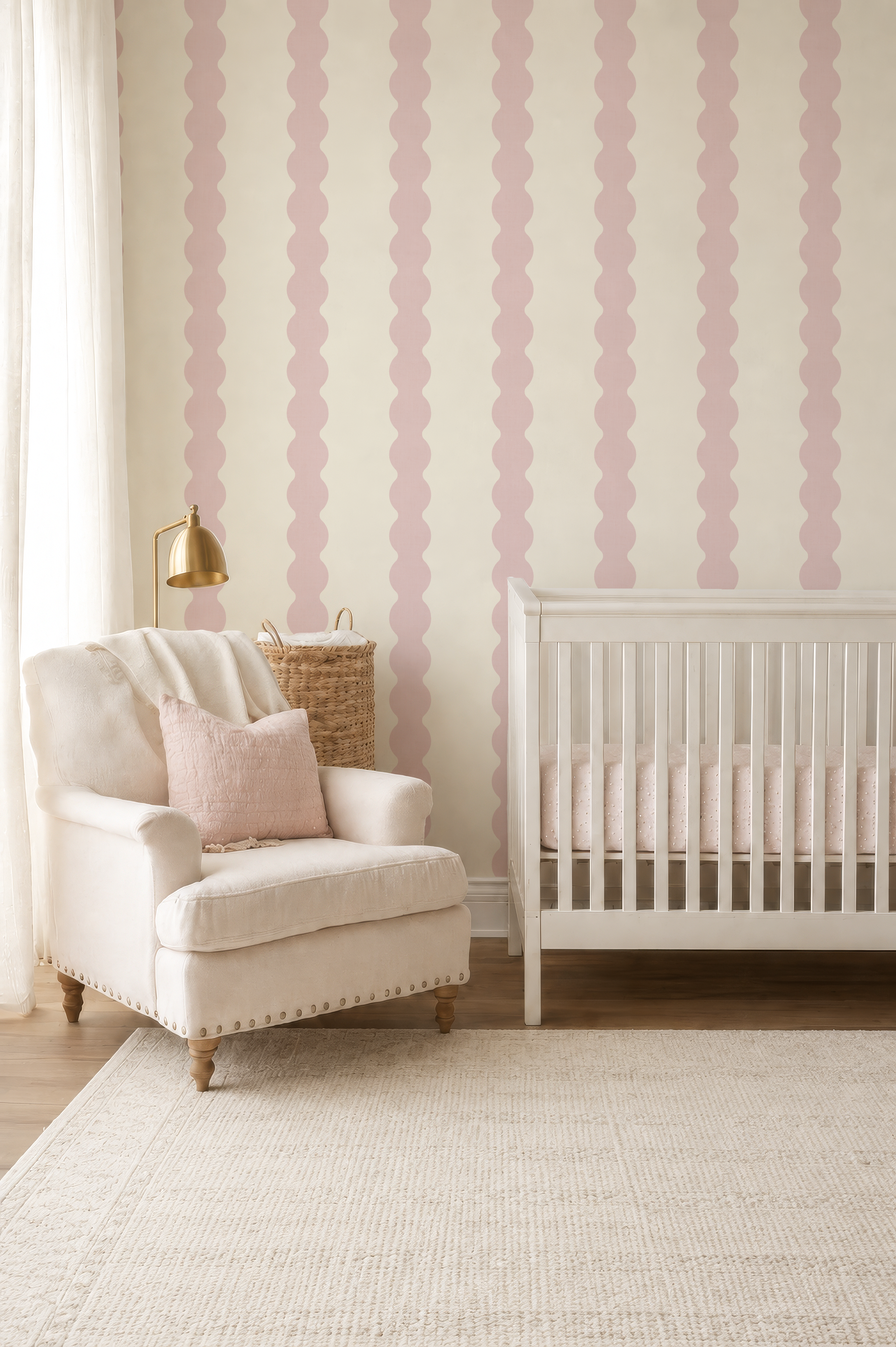 Charming Pink Wavy Striped Wallpaper | Girl Nursery Wall Covering  | Scallop Striped Bathroom Decor